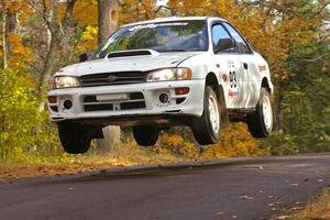 The Bob Olson / Conrad Ketelsen Subaru 2.5 RS catches major air at the midpoint jump on SS14, Brockway 2.