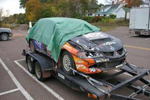 The rolled Mitsubishi Evo 9 RS of Andrew Comrie-Picard / Marc Goldfarb on the trailer.