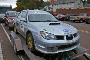 The Piotr Wiktorczyk / Alan Dolan Subaru WRX STi showing battlescars from its roll on Delaware Mine 2.