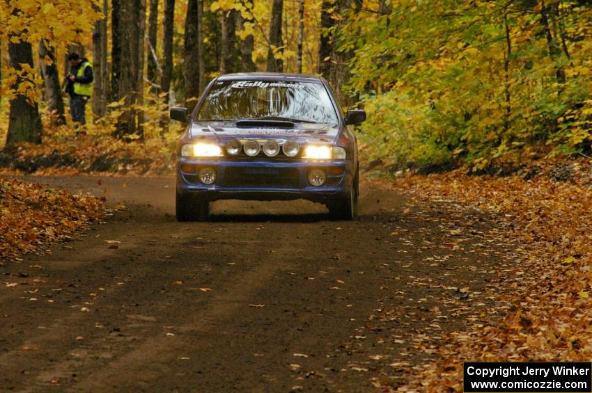 Kazimierz Pudelek / Lukasz Wronski at speed down a straight on SS2, Beacon Hill, in their Subaru Impreza.