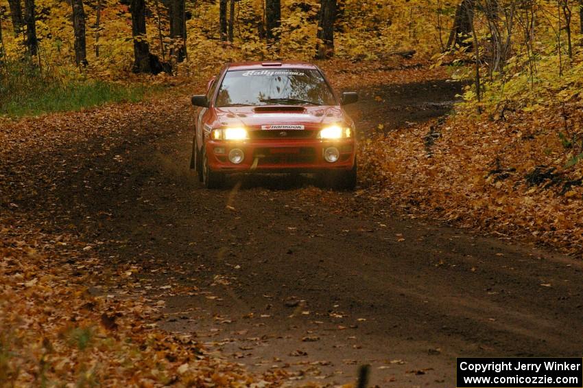 Dustin Kasten / Dave Parps drift through a sweeper near the finish of SS2, Beacon Hill, in their Subaru Impreza.