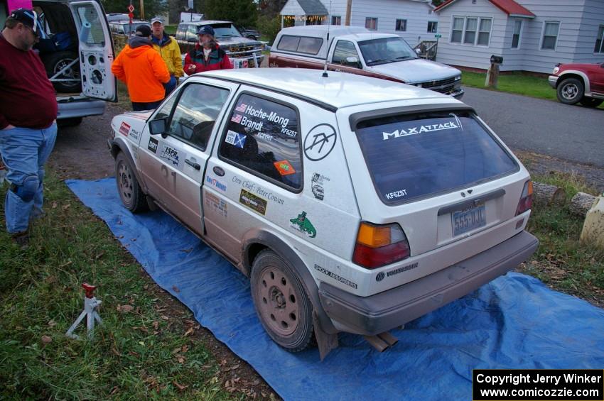 The Michel Hoche-Mong / Jimmy Brandt VW GTI gets serviced in Kenton after the first three stages of the day.