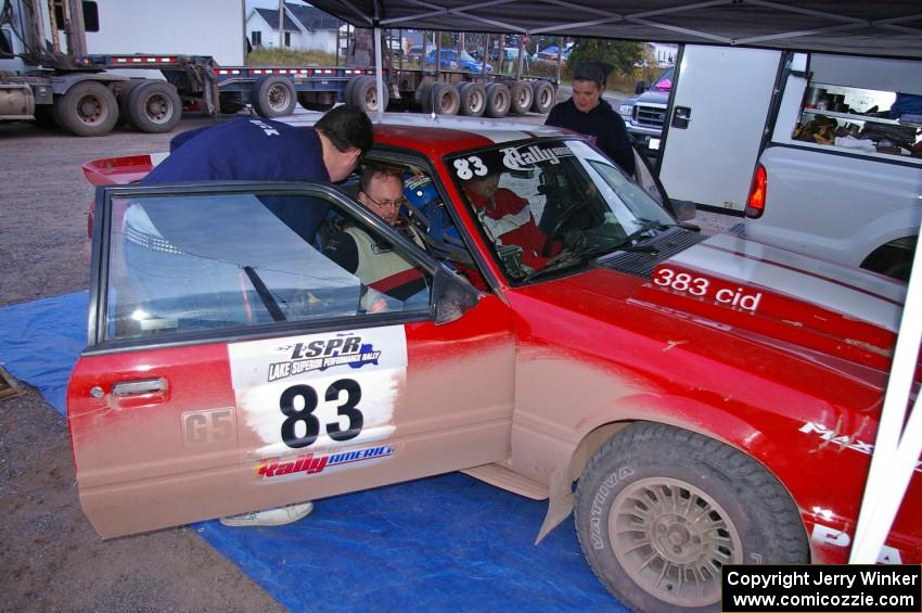 Mark Utecht / Rob Bohn prepare to leave Kenton service for SS4 in their Ford Mustang.