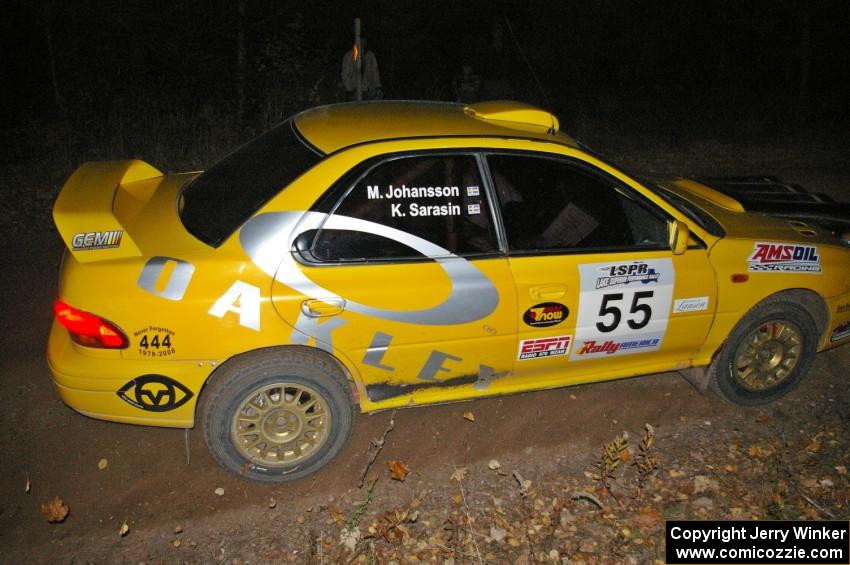 Kyle Sarasin / Mikael Johansson at speed in their Subaru Impreza near the finish of SS5.