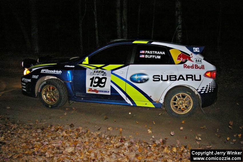 The Subaru WRX STi of Travis Pastrana / John Buffum comes into the flying finish of SS5.