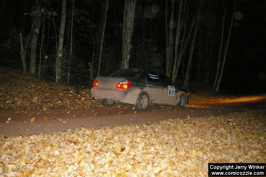 The Jaroslaw Sozanski / Bartosz Sawicki Subaru WRX at speed near the flying finish of SS5.