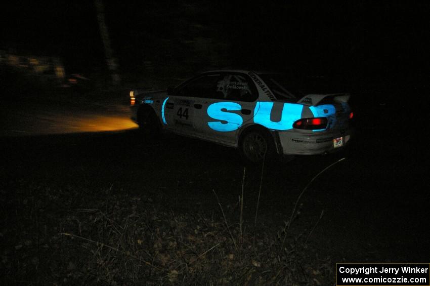 Henry Krolikowski / Cindy Krolikowski at speed near the flying finish of SS5 in their Subaru Impreza.