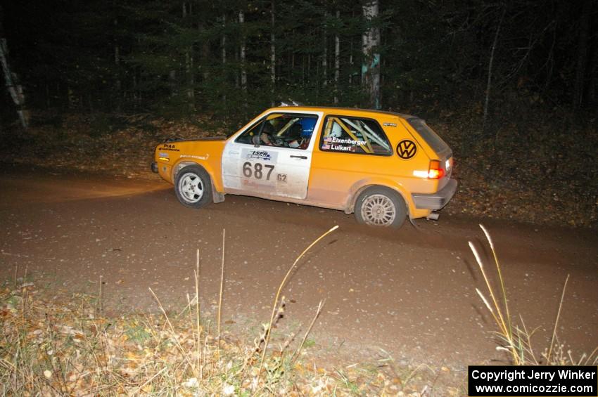 Chad Eixenberger / Jay Luikart at speed at the finish of SS5 in their VW Golf.