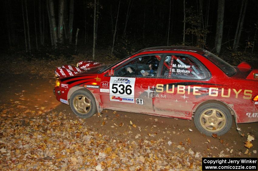 Matt Marker / Ben Slocum at speed near the finish of SS5 in their Subaru Impreza.