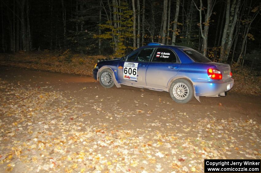 Slawomir Balda / Janusz Topor at speed near the flying finish of SS5 in their Subaru WRX.