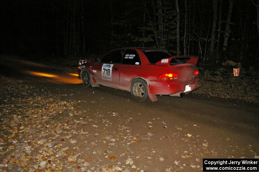 Dustin Kasten / Dave Parps blast through the finish of SS5 in their Subaru Impreza.