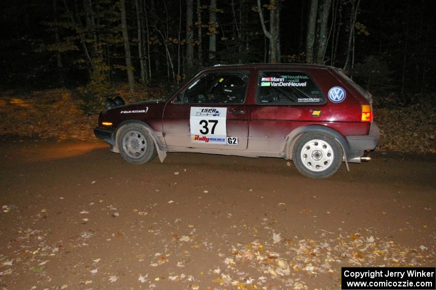 Billy Mann / Josh VanDenHeuvel at speed near the finish of SS5 in their VW GTI.