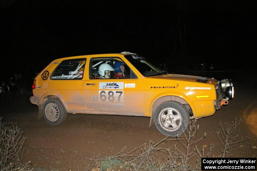 Chad Eixenberger / Jay Luikart nail a 90-right at the spectator point on SS7 in their VW Golf.