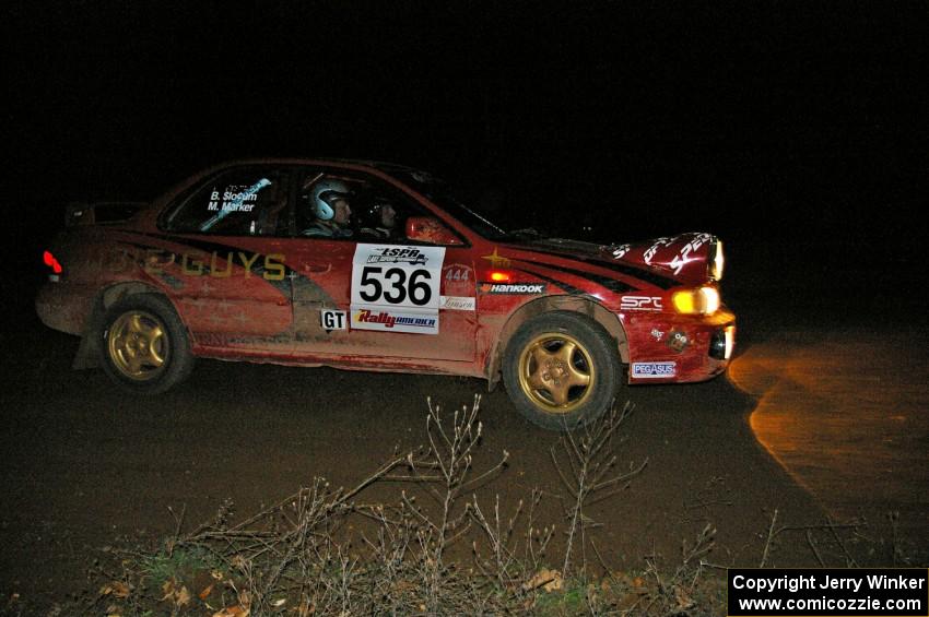 Matt Marker / Ben Slocum at the midpoint 90-right spectator point on SS7 in their Subaru Impreza.