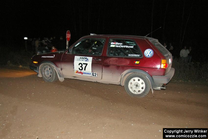 Billy Mann / Josh VanDenHeuvel flog their VW GTI into a 90-right at the spectator location on SS7.