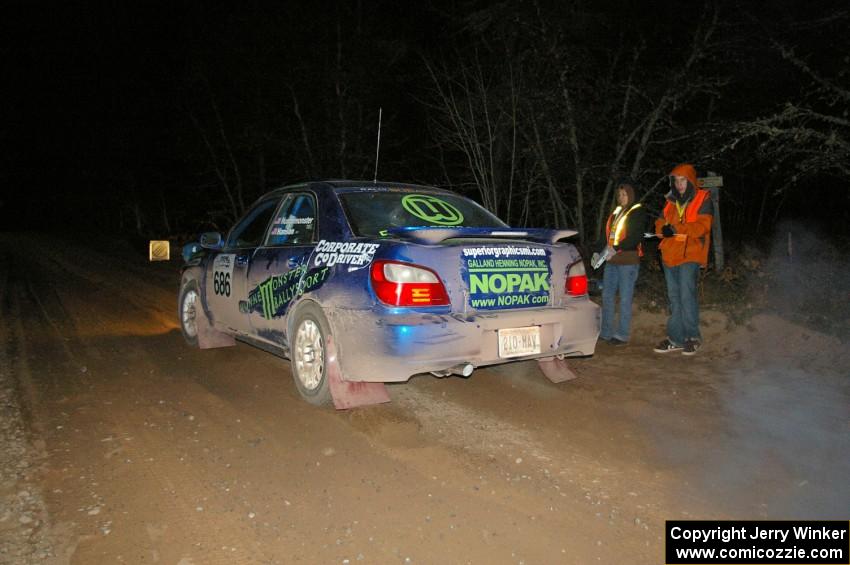 Heath Nunnemacher / Travis Hanson blast their Subaru WRX away from the start of SS9, Menge Creek.