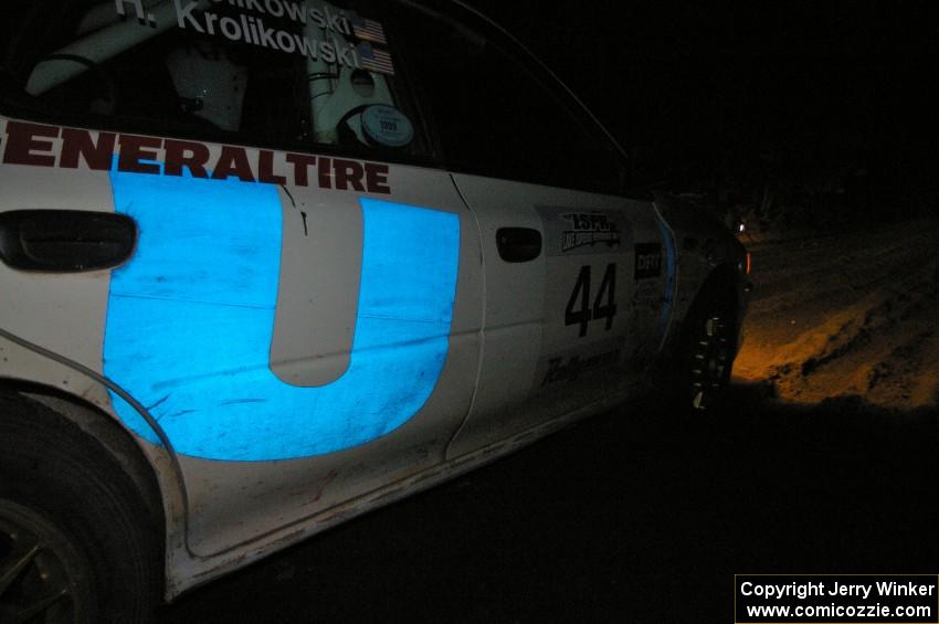 The Henry Krolikowski / Cindy Krolikowski Subaru Impreza blasts away from the start of SS9, Menge Creek.