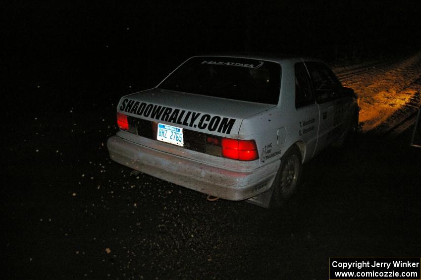 Greg Woodside / Tom Woodside accelerate away from the start of SS9, Menge Creek, in their Dodge Shadow.