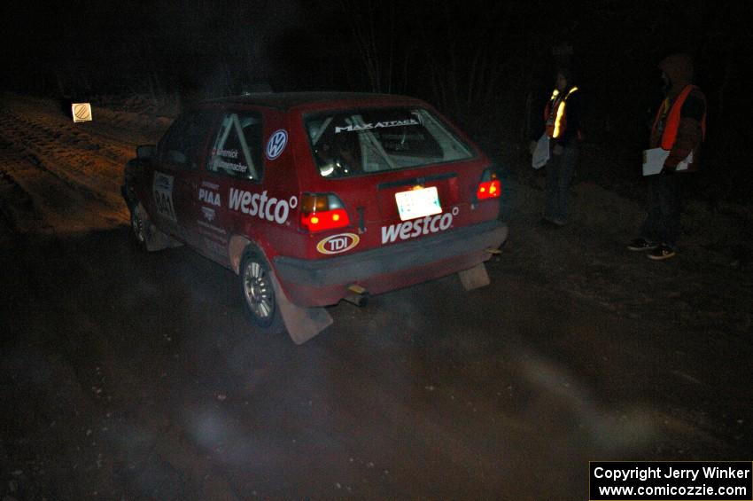 Daryn Chernick / Heidi Nunnemacher launch their VW GTI from the start of SS9, Menge Creek.