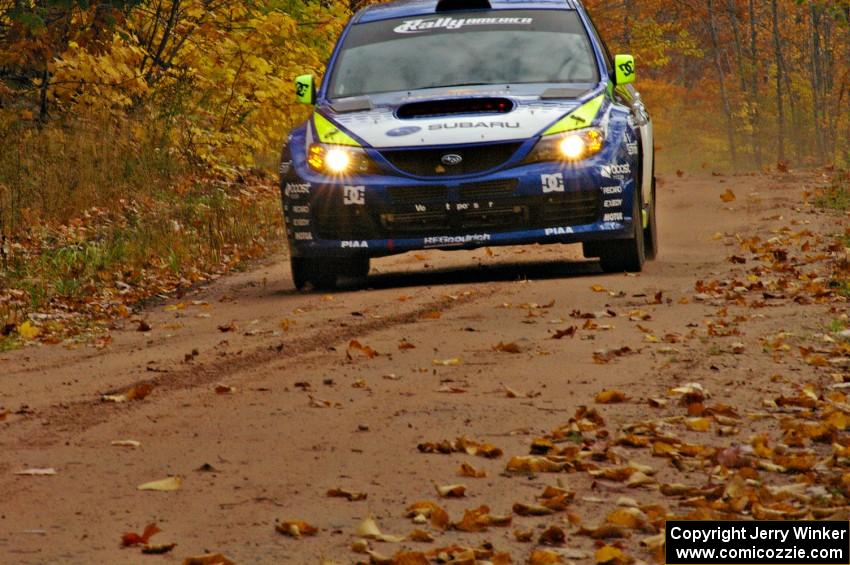 Travis Pastrana / John Buffum scream into the finish of SS10, Gratiot Lake 1, in their Subaru WRX STi.