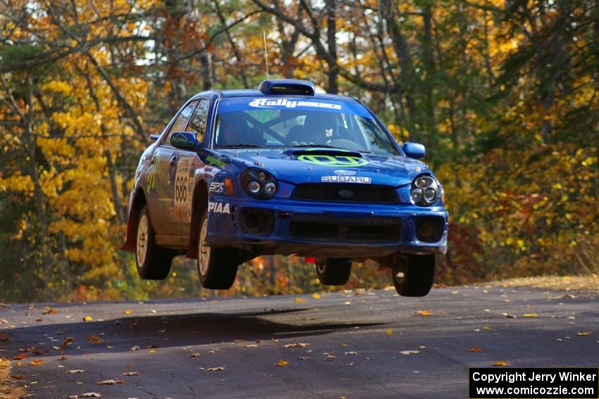 Heath Nunnemacher / Travis Hanson catch nice air at the midpoint jump on Brockway 1, SS13, in their Subaru WRX.