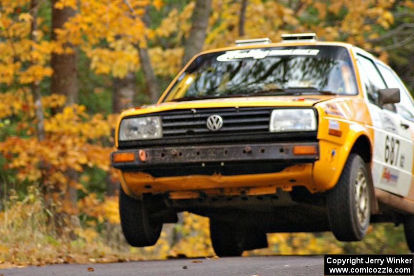 Chad Eixenberger / Jay Luikart prepare for liftoff in their VW Golf at the midpoint jump on Brockway 2, SS14.