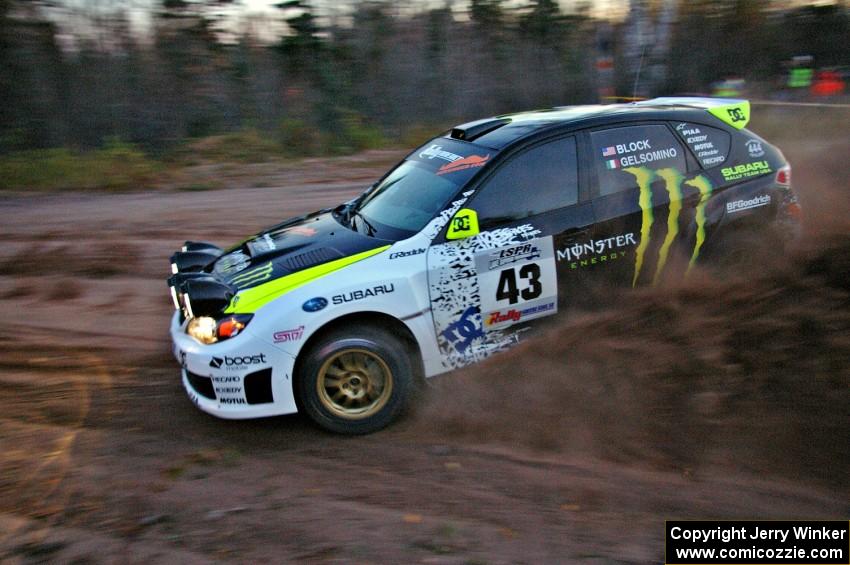 Ken Block / Alex Gelsomino drift nicely on their way to the finish of SS17, Gratiot Lake 2, in their Subaru WRX STi.