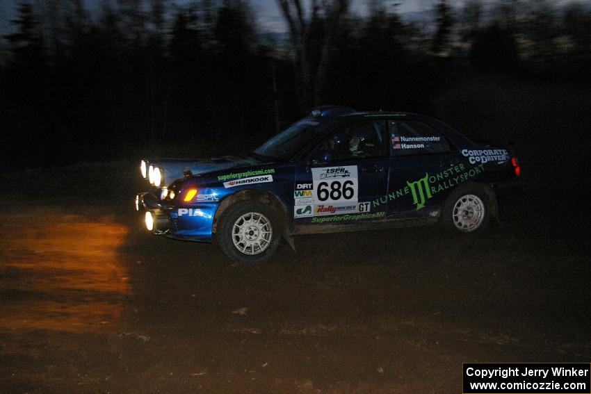 Heath Nunnemacher / Travis Hanson drift their Subaru WRX through the spectator corner on SS17, Gratiot Lake 2, near the finish.