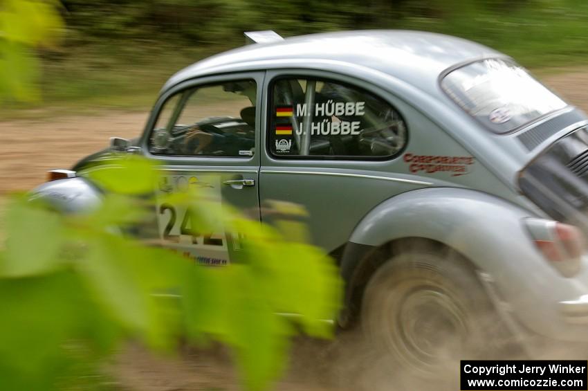 Mark Huebbe / John Huebbe drift their VW Beetle onto Potlatch Rd. on SS1.