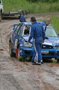 The Carl Siegler / David Goodman Subaru WRX STi rolled early on SS1.