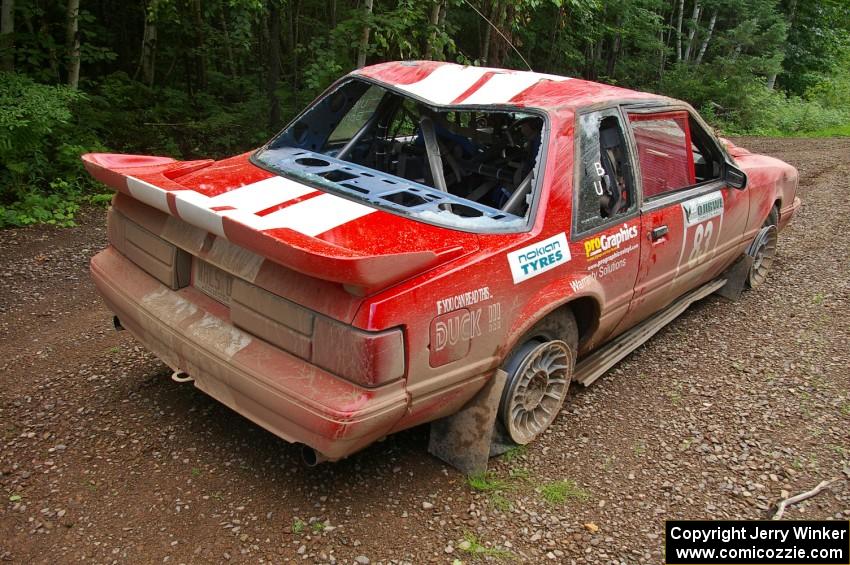 The Mark Utecht / Rob Bohn Ford Mustang was totalled after a heavy roll and flip on SS2.