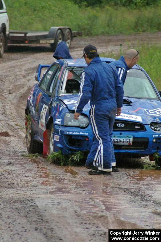 The Carl Siegler / David Goodman Subaru WRX STi rolled early on SS1.