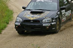 Pat Moro / Jeremy Wimpey drive their Subaru WRX STi through a corner on the practice stage.