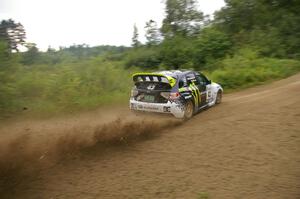 Ken Block / Alex Gelsomino drift their Subaru Impreza WRX STi perfectly on the practice stage.