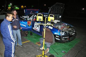 The Carl Siegler / David Goodman Subaru WRX STi gets prepared for day two after having an off on SS3 near the finish.