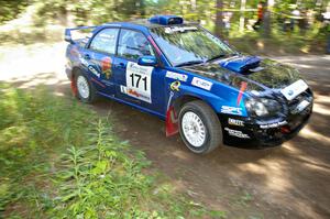 Carl Siegler / David Goodman hope to put the previous days off behind them. Here they are in their Subaru WRX STi on SS8.