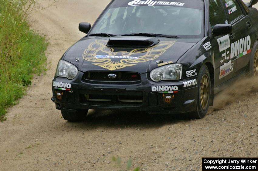 Pat Moro / Jeremy Wimpey drive their Subaru WRX STi through a corner on the practice stage.