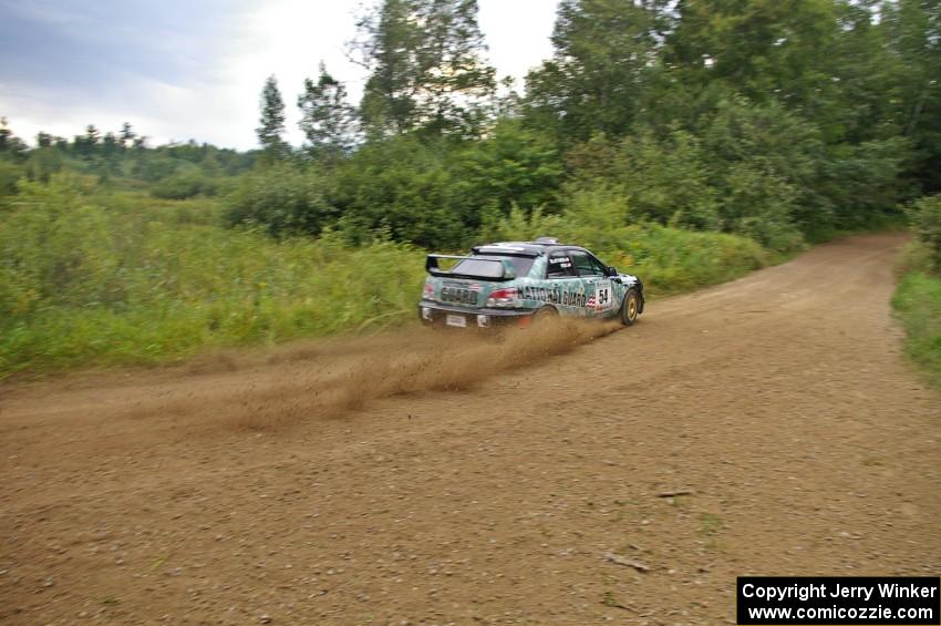 The Mark Fox / Jake Blattner Subaru WRX STi goes through the paces on the practice stage.