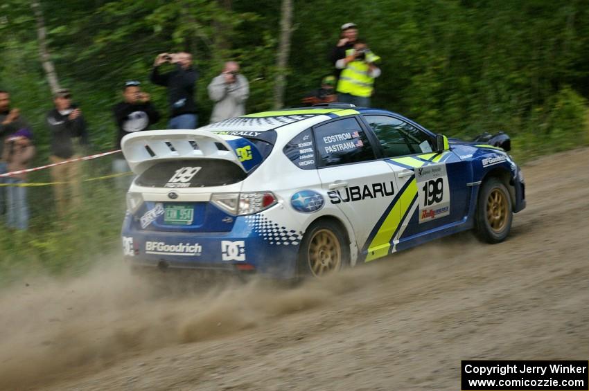 Travis Pastrana / Christian Edstrom in their Subaru WRX STi blast uphill after the spectator hairpin on SS4.