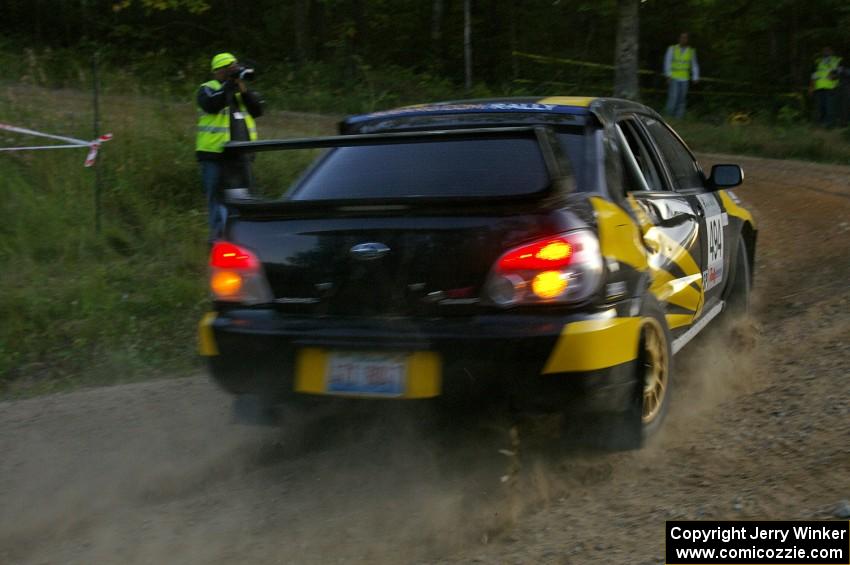 Roman Pakos / Maciej Sawicki sport recent damage on their Subaru WRX STi on SS4 after hitting a tree.