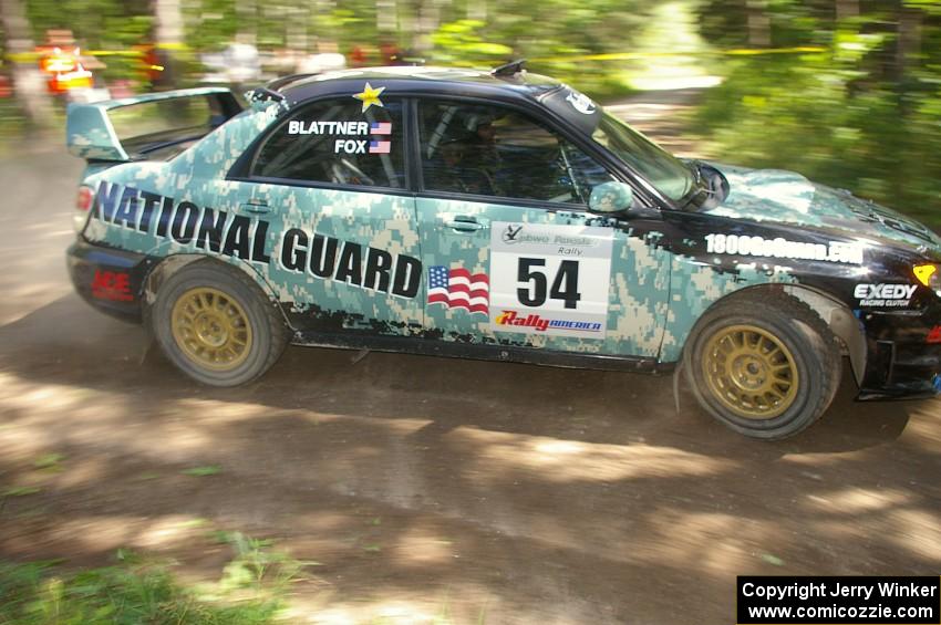 Mark Fox / Jake Blattner fight understeer out of a 90-right on SS8 in their Subaru WRX STi.