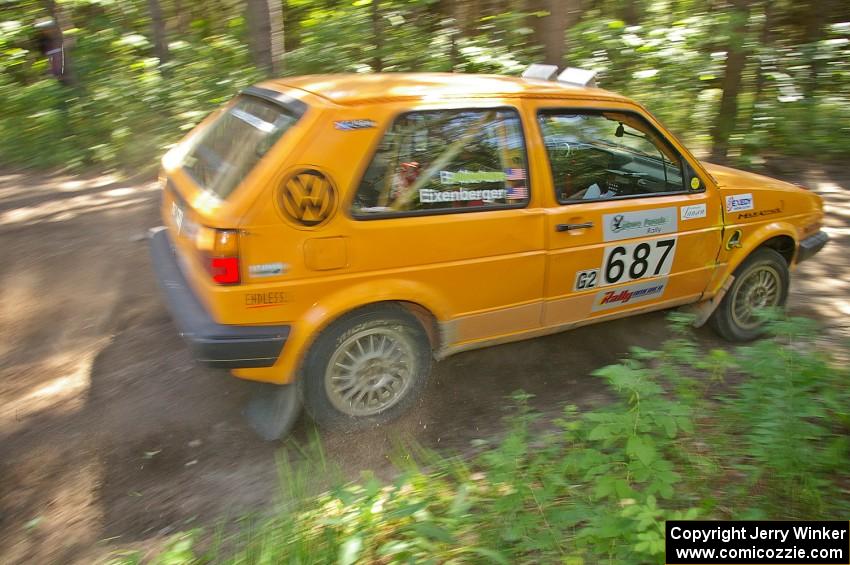 Chad Eixenberger / Ben Slocum blast out of a 90 right hander in their VW Golf on SS8.