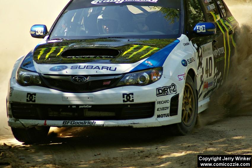 Dave Mirra / Derek Ringer drift through an uphill 90-right in their Subaru WRX STi on SS11.