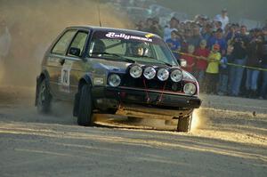 The Chris Duplessis / Catherine Woods VW GTI screams onto the county road at the spectator point on SS12.