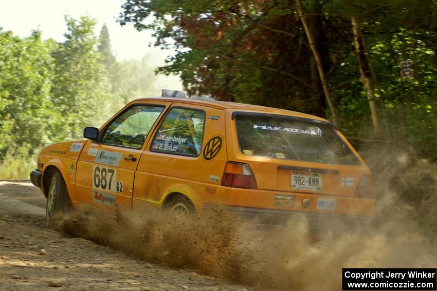 Chad Eixenberger / Ben Slocum flog their VW Golf into an uphill right hander on SS11.