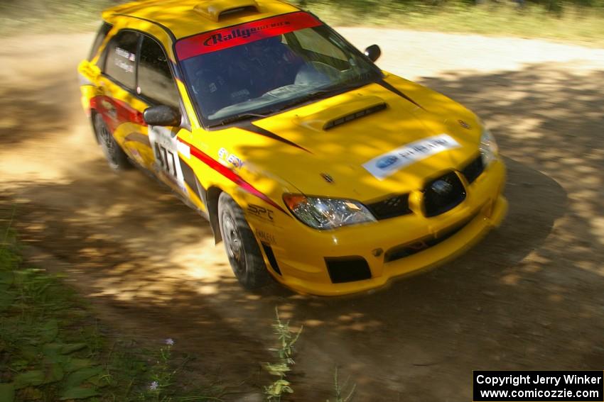 Don Conley / Chris Herlache at an uphill 90-right on SS11 in their Subaru WRX Wagon.