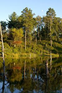 Moon over a lake at sunset at the start of SS15, Sugar Bush.