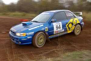 The Piotr Fetela / Dariusz Belzowski Subaru Impreza on the practice stage.