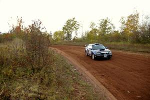 Carl Siegler / David Goodman set up for a hard left on the practice stage in their Subaru WRX STi.