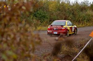 Bryan Pepp / Jerry Stang drive their Subaru WRX away from the spectator corner on Green Acres, SS1.